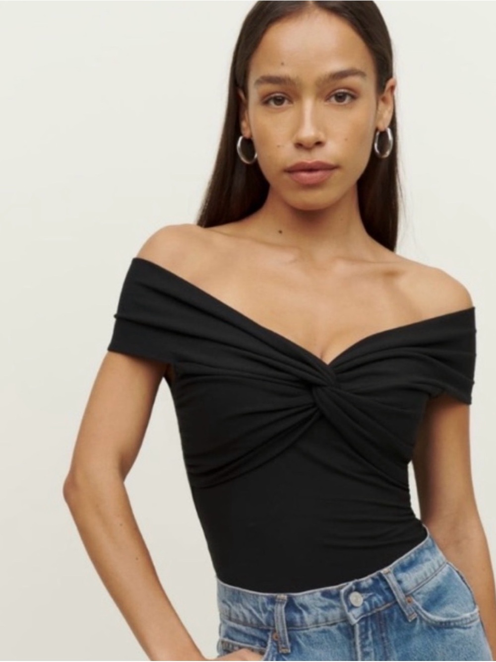 Reformation Ezlynn Off the Shoulder Twist Black Top XS